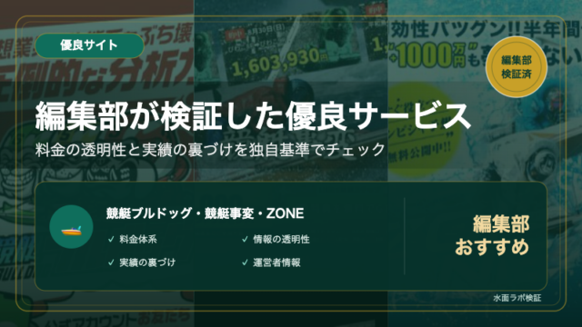競艇予想サイトおすすめ3サイト｜水面ラボ編集部（各サイトトップ背景）